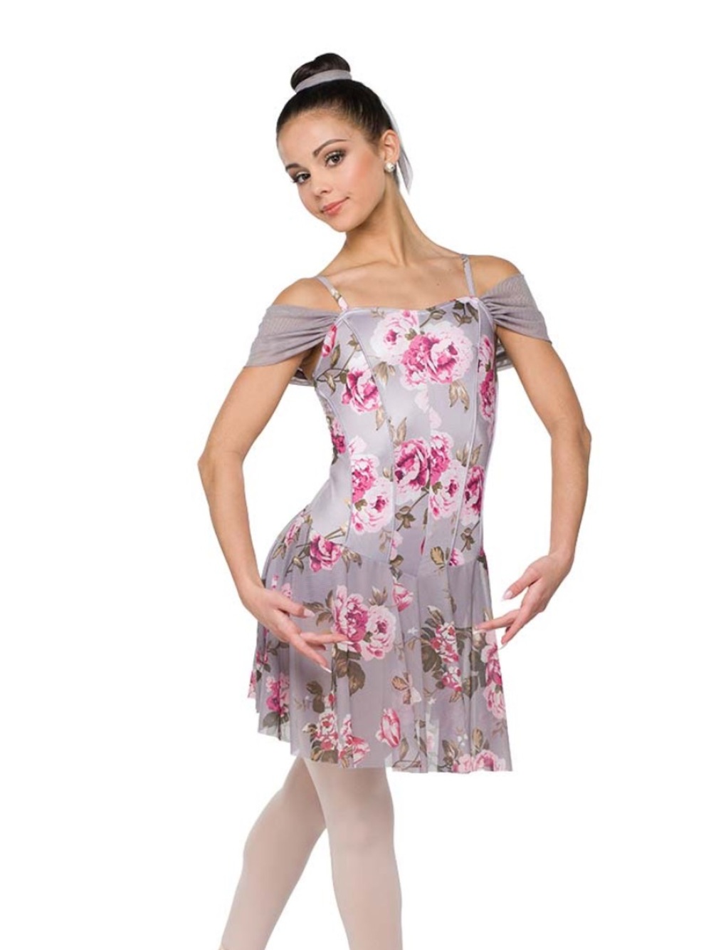 Weissman - Floral Off-Shoulder Ballet Dress for Kids - Gray with Pink flowers
